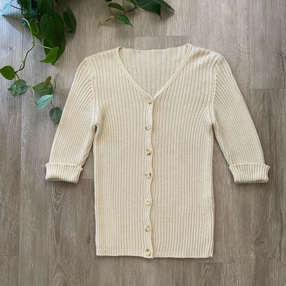 Women’s Made in Italy Cream Ribbed Knit Short Sleeve button Down Top - Picture 3 of 6